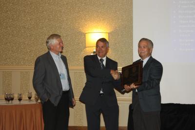 Peltier Award 2013 presented to John E. Bortle bo AL President, Carroll Iorg with AAVSO Director, Arnie Hendon (left)